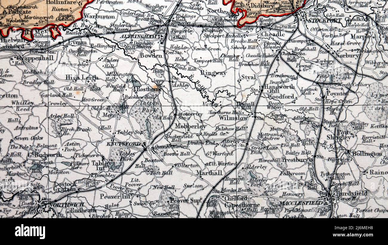 Détail d'une carte de 1868 du comté Palatin de Lancaster, ainsi Lancashire comme il l'était alors, de l'Ordnance Survey par J. Bartholomew F.G.R.S.; cette section montrant principalement Cheshire, y compris Macclesfield, Altrincham, Knutsford, Poynton, Tête de lit, Banque D'Images