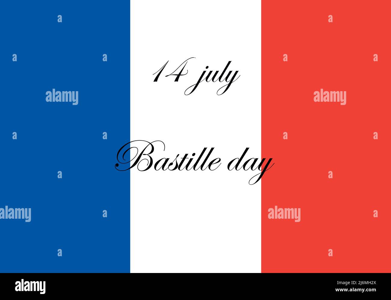 Drapeau national de la France avec texte 14 juillet le jour de la Bastille couleurs officielles et proportion du drapeau de la France Banque D'Images