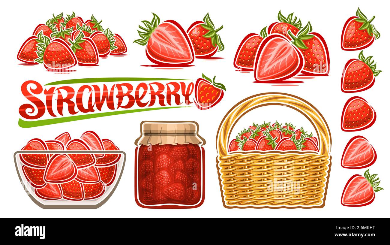 Vector Strawberry Set, lot collection d'illustrations coupées fraise encore des vies avec des feuilles vertes, mûres baies de dessin animé dans une plaque de verre, Full str Illustration de Vecteur