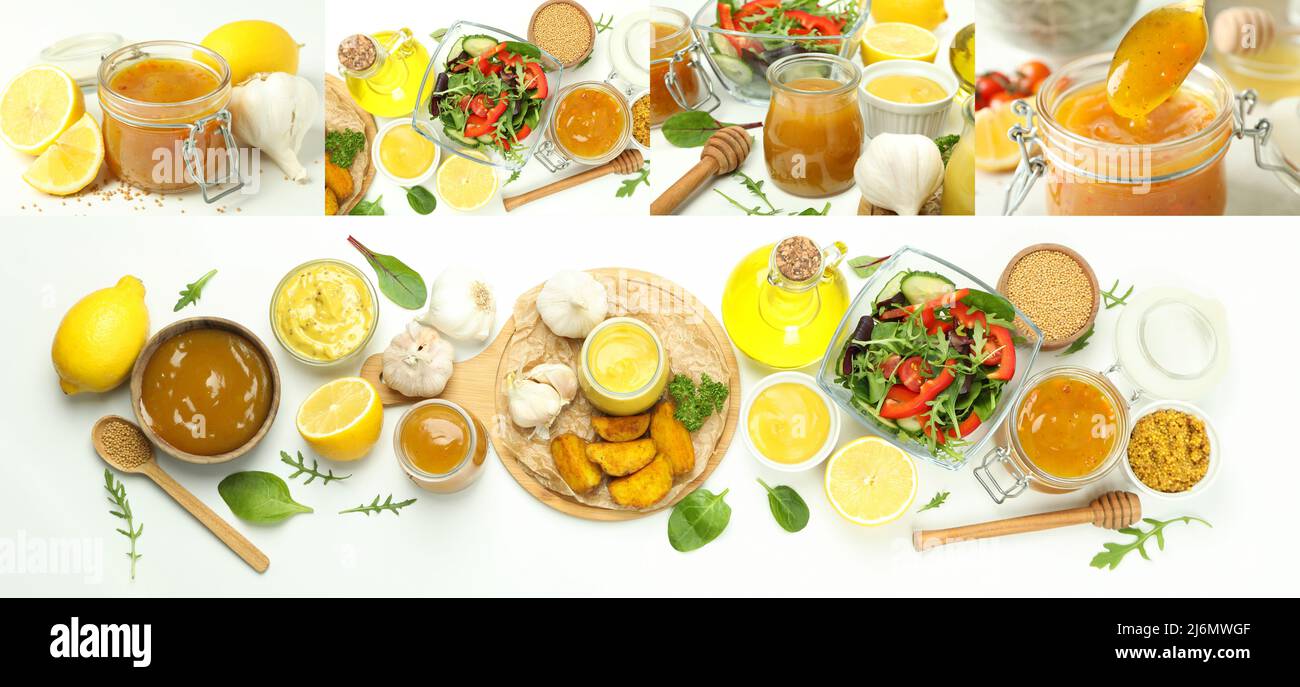 Collage de photos d'aliments avec sauce à la moutarde au miel Banque D'Images