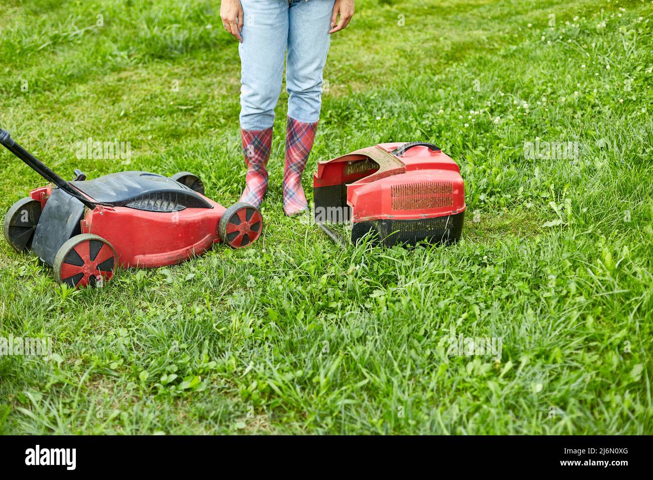 Femme méconnaissable avec une tondeuse à gazon dans le jardin à la maison,  femme jardinière travaillant, beau paysage d'été, lumière du soleil, un  design parfait pour tous Photo Stock - Alamy