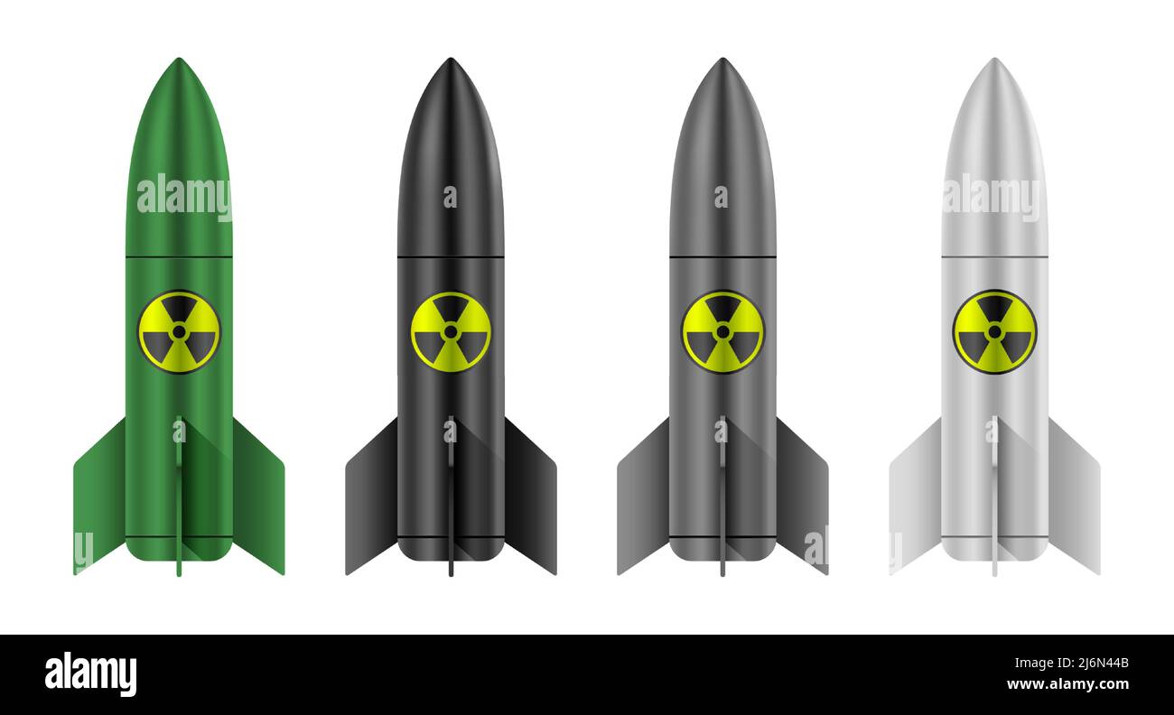 Illustration du vecteur d'arme nucléaire vert, noir, gris et blanc. Ensemble de bombes atomiques isolées sur fond blanc. Illustration de Vecteur