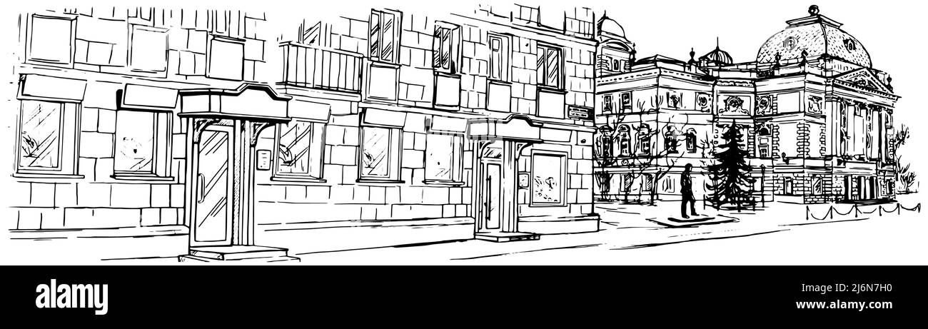 Graphiques vectoriels de paysage urbain. Illustration en noir et blanc dans le style esquisse, rue de ville Illustration de Vecteur