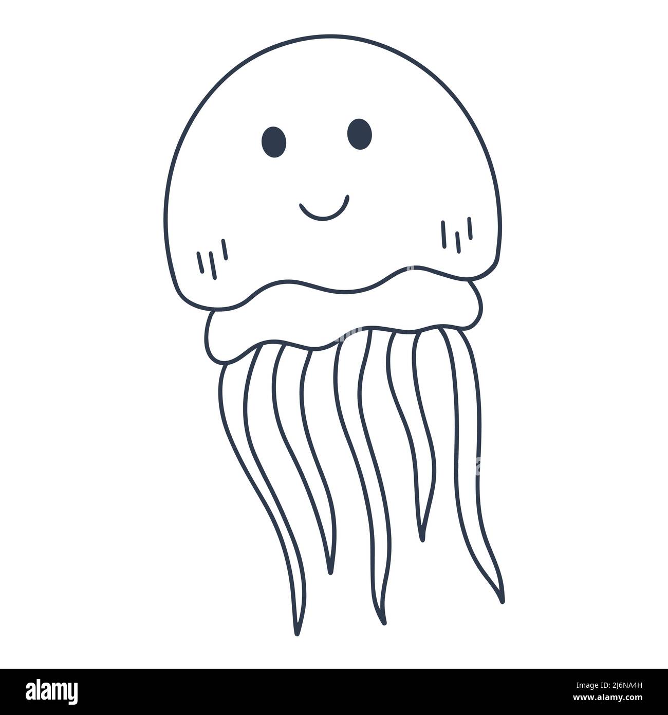 Drôle mignon Jellyfish souriant dessin dessin Doodle illustration. Livre de coloriage SEA LIFE. Caractère marin isolé. Décoration pour bébé Illustration de Vecteur