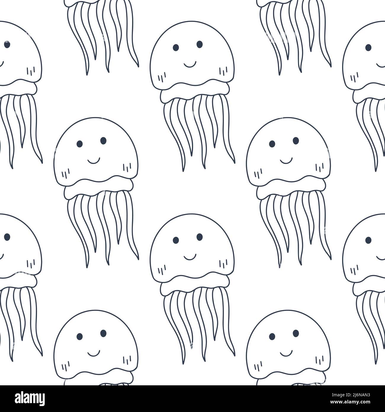 Drôle mignon Jellyfish dessin vectoriel sans couture. Arrière-plan vie marine coloriage livre. Modèle océan sous les personnages sourire. Modèle pour Illustration de Vecteur