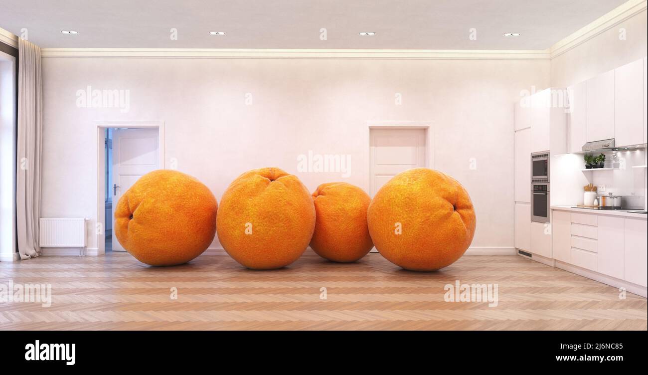 oranges géantes dans la chambre. 3d illustration créative Banque D'Images