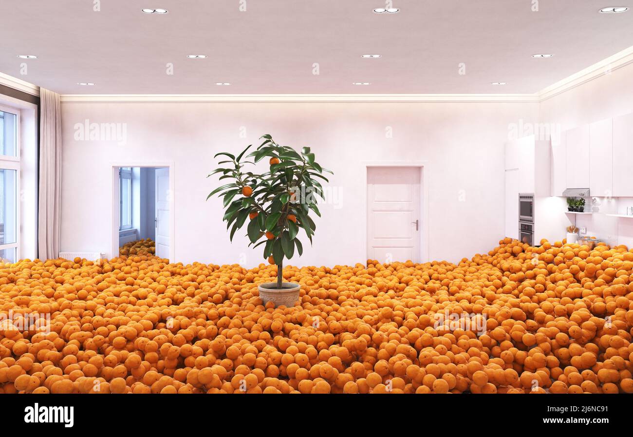 empilez а les oranges dans la pièce. 3d illustration créative Banque D'Images