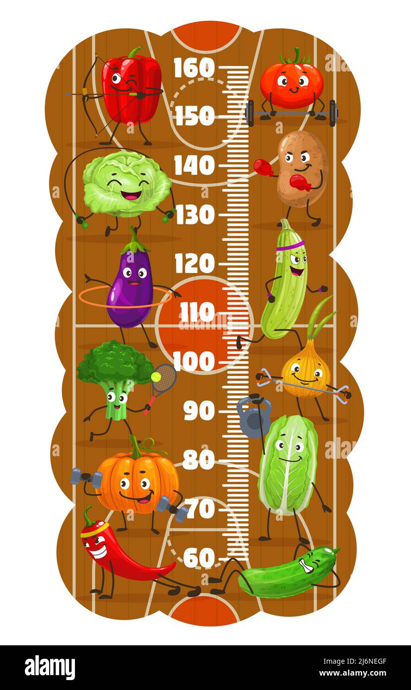Tableau des hauteurs pour enfants avec personnages de légumes dans le centre de remise en forme, appareil de mesure de croissance de dessins animés vectoriels. Mesurer la règle graduée ou la règle de hauteur avec la tomate et le chou, le poivre et le concombre, la pomme de terre et l'oignon Illustration de Vecteur