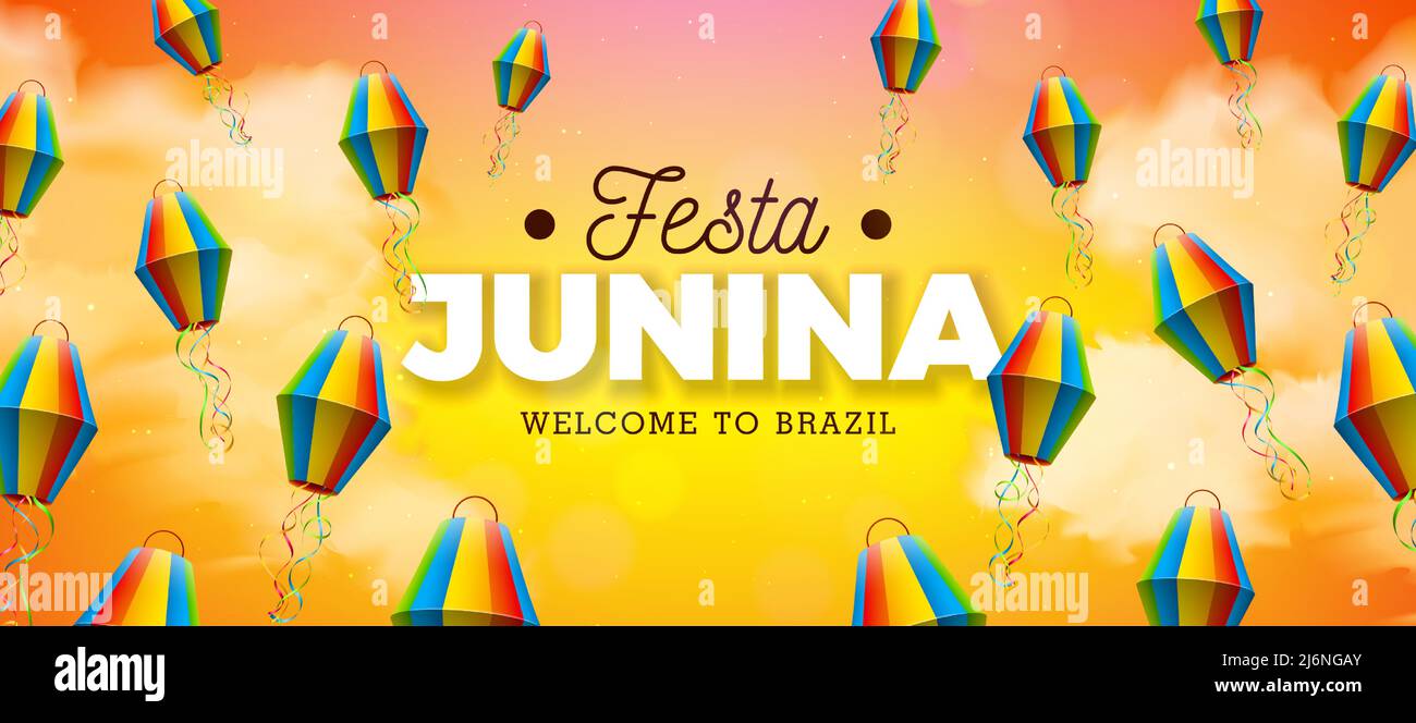Festa Junina Illustration avec lanterne en papier et Typographie lettrage au soleil jaune ciel nuageux fond. Vector Brésil juin Sao Joao Festival Design Illustration de Vecteur