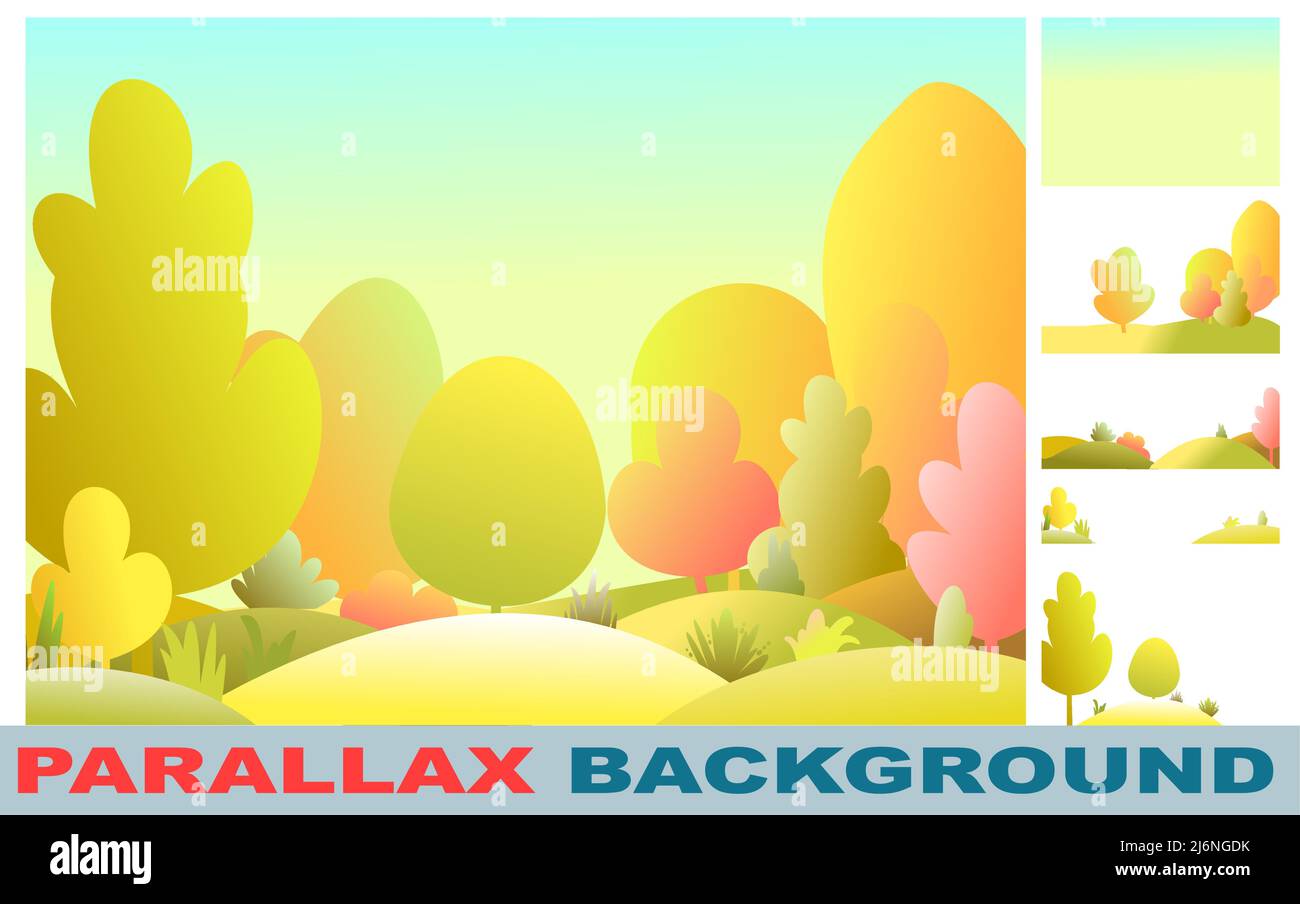 Silhouette paysage d'automne. Belle plante pittoresque. Style de dessin animé. Brouillard. Collines avec herbe et arbres. Sympa et romantique. Définir pour l'effet de parallaxe. FL Illustration de Vecteur