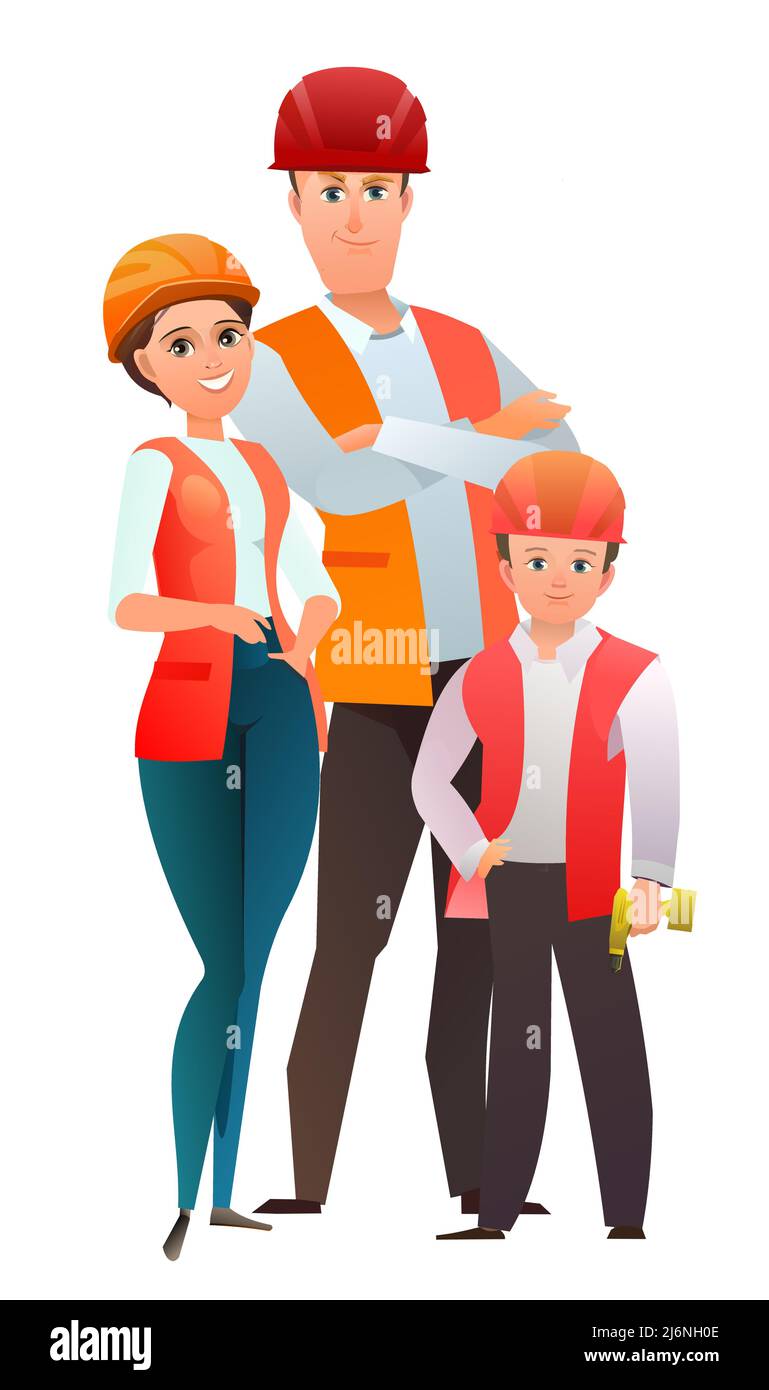 Homme, femme et enfant, fabricant de gilet et de casque de protection. Personne joyeuse. Posture debout. Bande dessinée plate. Caractère unique. Ilustr Illustration de Vecteur