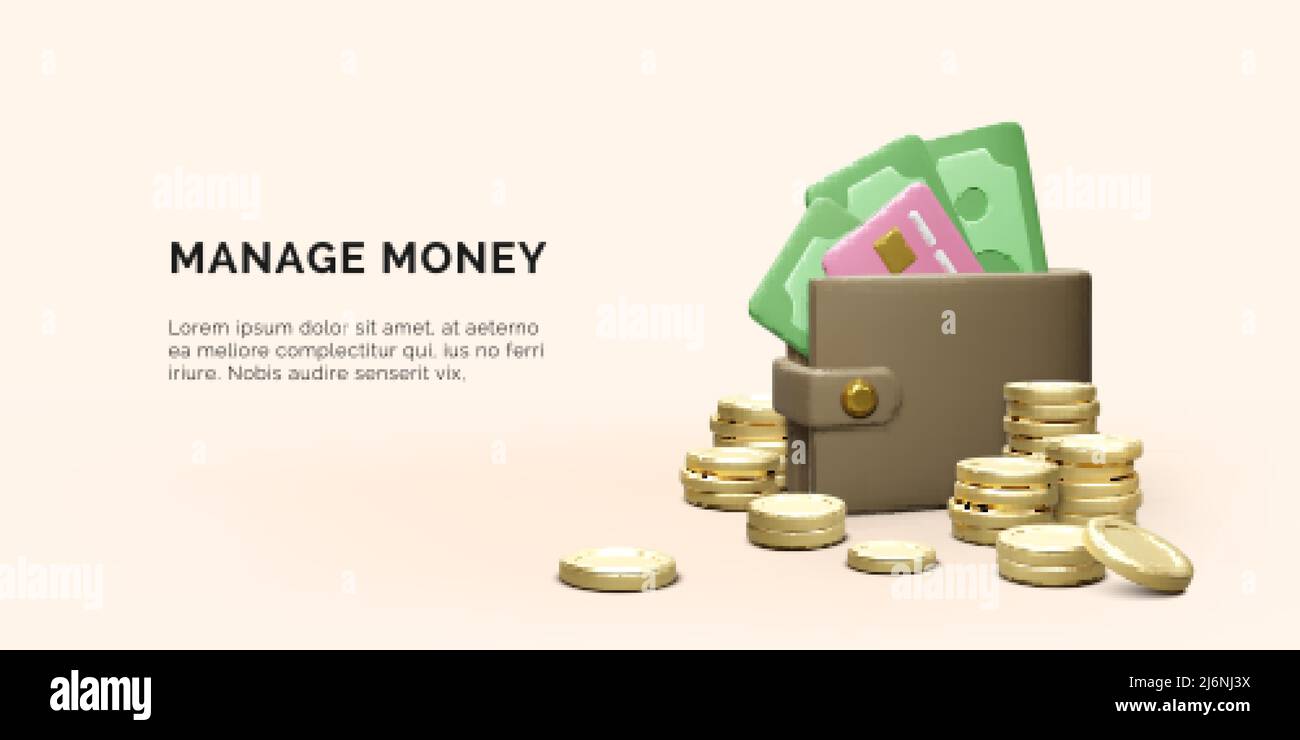 Portefeuille de 3D pièces de monnaie en papier et pile de cartes de crédit en or. Bannière commerciale de dessin animé réaliste. Gestion de l'argent. Illustration vectorielle Illustration de Vecteur
