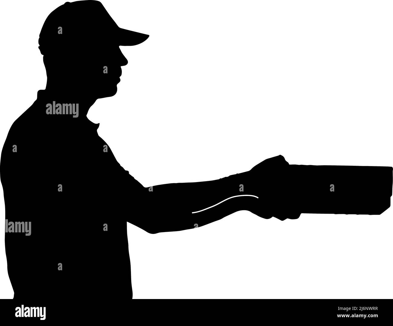 Homme de livraison de colis donnant une silhouette de boîte vectorielle, couleur noire isolée sur fond blanc, ouvrier de cargaison avec silhouette de paquet Illustration de Vecteur