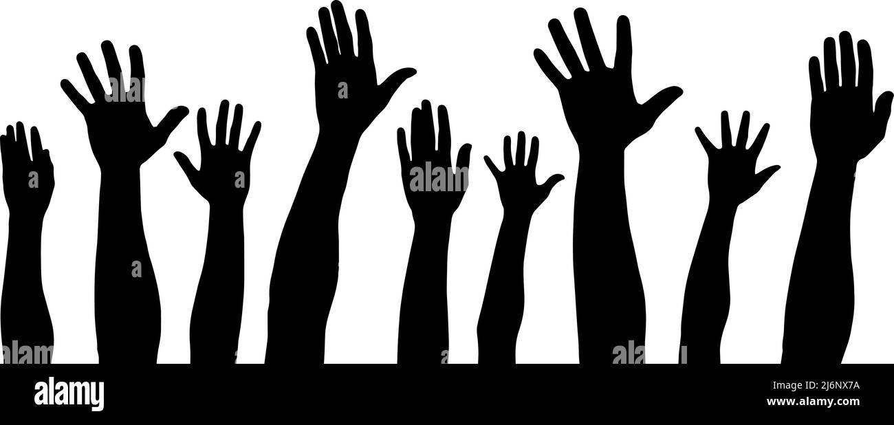 Silhouette vectorielle à mains surélevées, plusieurs mains levées, concept de protestation, silhouette d'idée de togethness, couleur noire isolée sur fond blanc Illustration de Vecteur