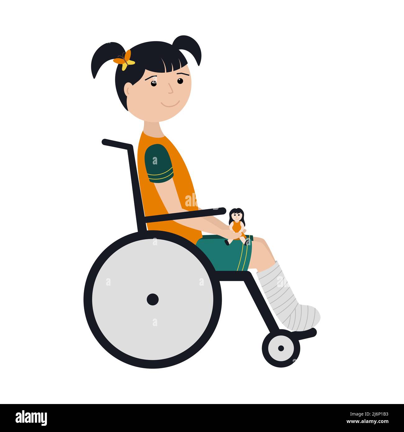 Une fille aux cheveux foncés et à une jambe cassée est assise dans un fauteuil roulant avec une poupée dans ses mains. La jambe est bandée et fixée avec une fonte. Illustrateur de couleur Illustration de Vecteur