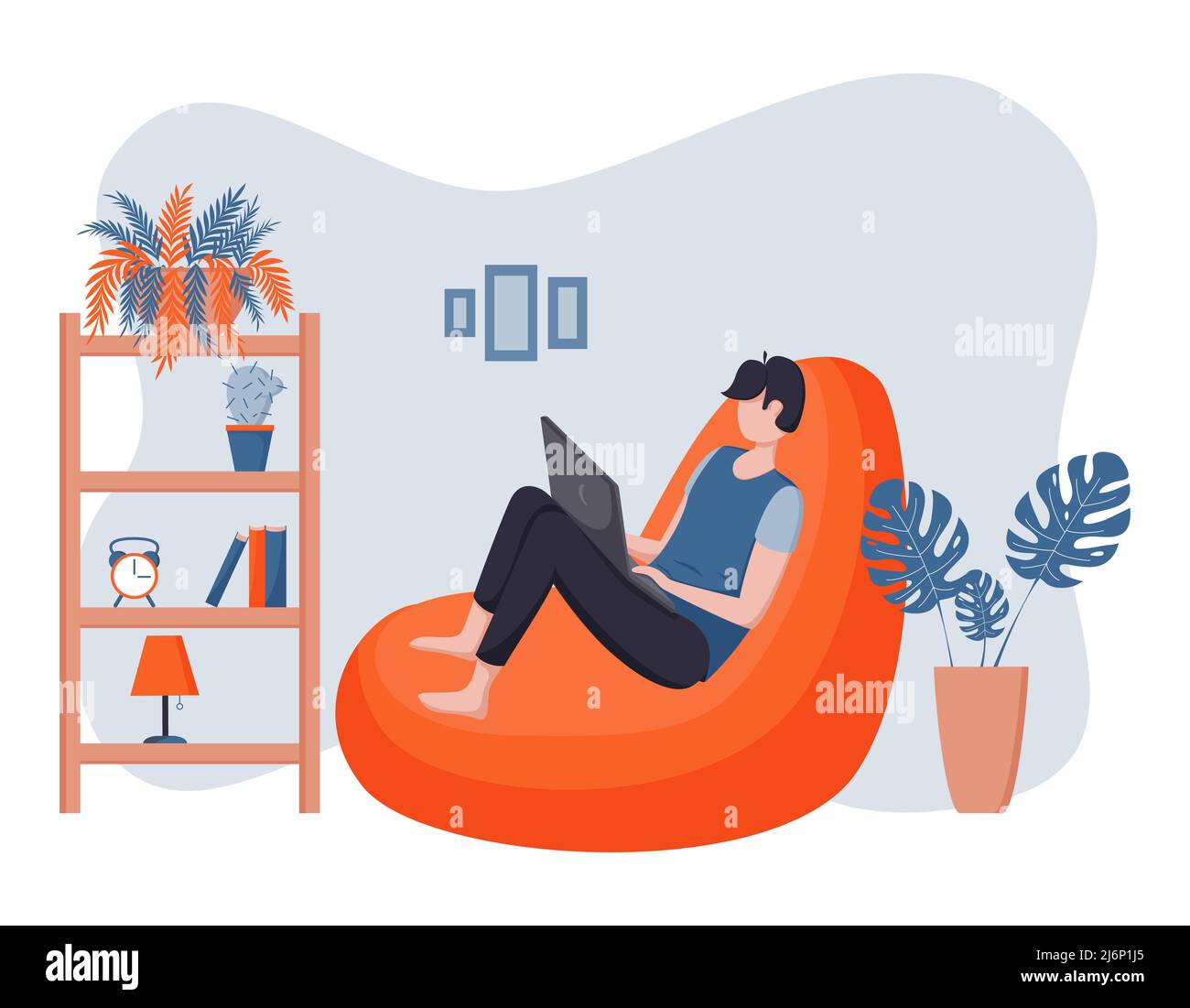Un indépendant masculin est assis dans une chaise de haricot et travaille, étudie, communique sur les réseaux sociaux dans un ordinateur portable. Le concept de travail à distance dans un environnement confortable Illustration de Vecteur