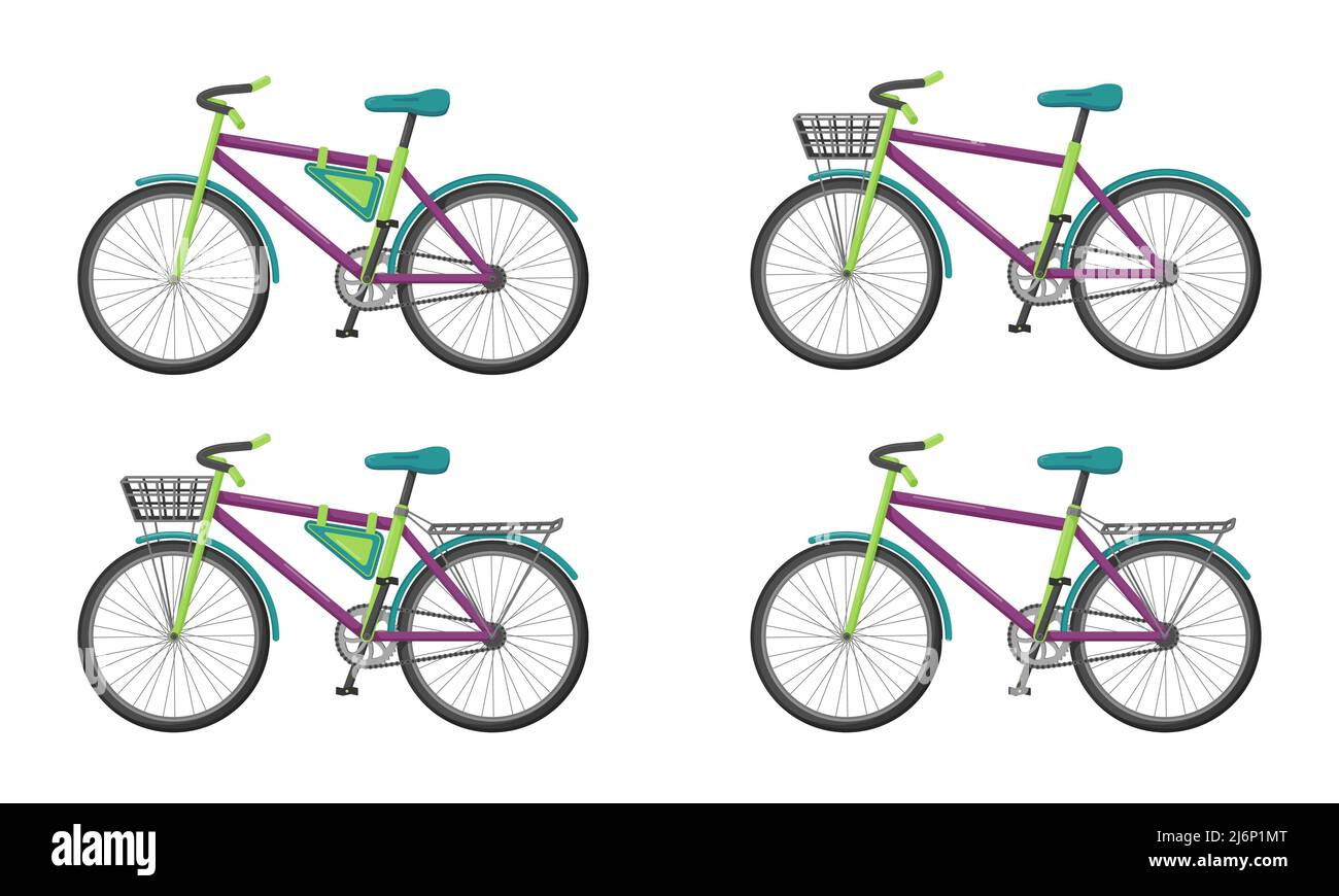 Ensemble de vélos avec différents éléments. Style plat. Un véhicule écologique pour la marche, les loisirs, les sports, la livraison de nourriture et de biens. Vecteur de couleur Illustration de Vecteur
