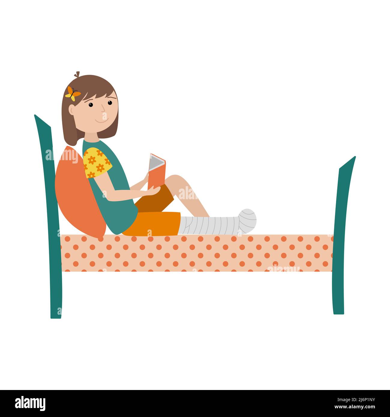 Une fille avec une jambe cassée est couché sur le lit avec un livre dans ses mains. La jambe est bandée et fixée avec une fonte. Illustration couleur avec enfants dans Illustration de Vecteur
