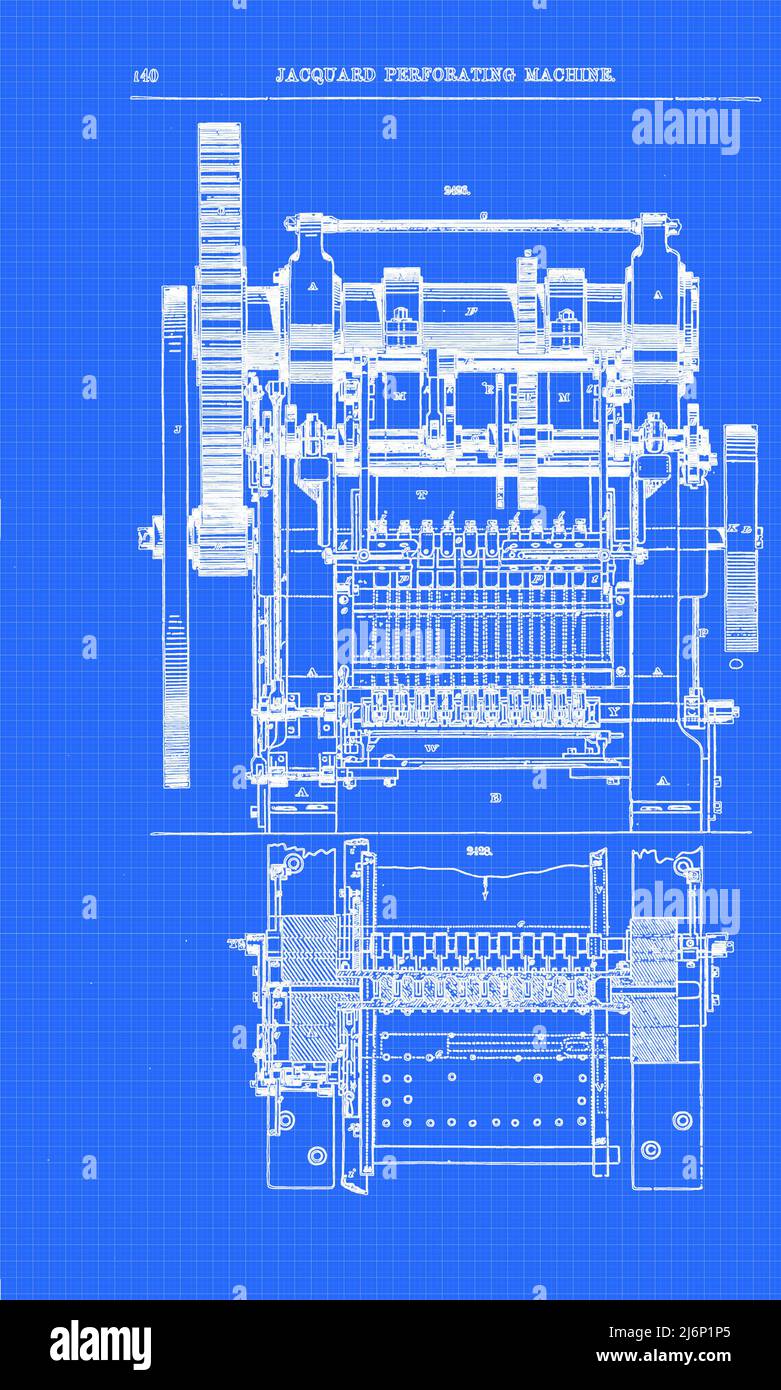 Machine à perforer Jacquard la machine Jacquard est un dispositif monté sur un métier à tisser qui simplifie le processus de fabrication de textiles avec des motifs aussi complexes que brocart, damassé et matelassé. L'ensemble résultant de la machine de métier à tisser et de Jacquard est alors appelé métier à tisser Jacquard. La machine a été inventée par Joseph Marie Jacquard en 1804 cette utilisation de cartes perforées remplaçables pour contrôler une séquence d'opérations est considérée comme une étape importante dans l'histoire du matériel informatique, ayant inspiré le moteur analytique de Charles Babbage. Du dictionnaire des machines, de la mécanique, du moteur-travail d'Appleton, Banque D'Images