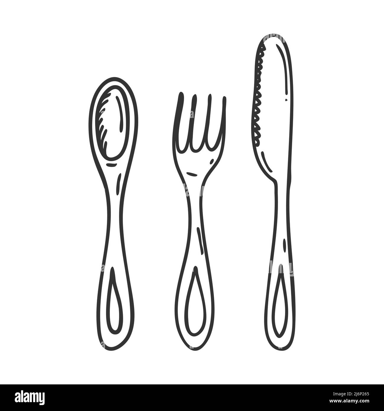 Ensemble de coutellerie style Doodle. Une cuillère, une fourchette et un couteau sont dessinés à la main et isolés sur un fond blanc. Illustration vectorielle noir et blanc Illustration de Vecteur