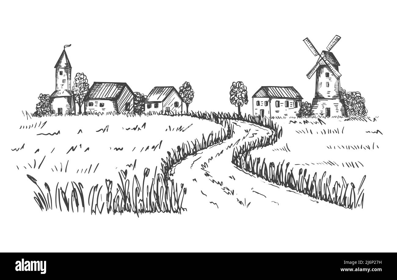 Esquisse d'un paysage rural. La route menant à la ferme, maisons, moulin à travers un champ de blé. Idéal pour l'emballage d'aliments écologiques et naturels. Gravé Illustration de Vecteur