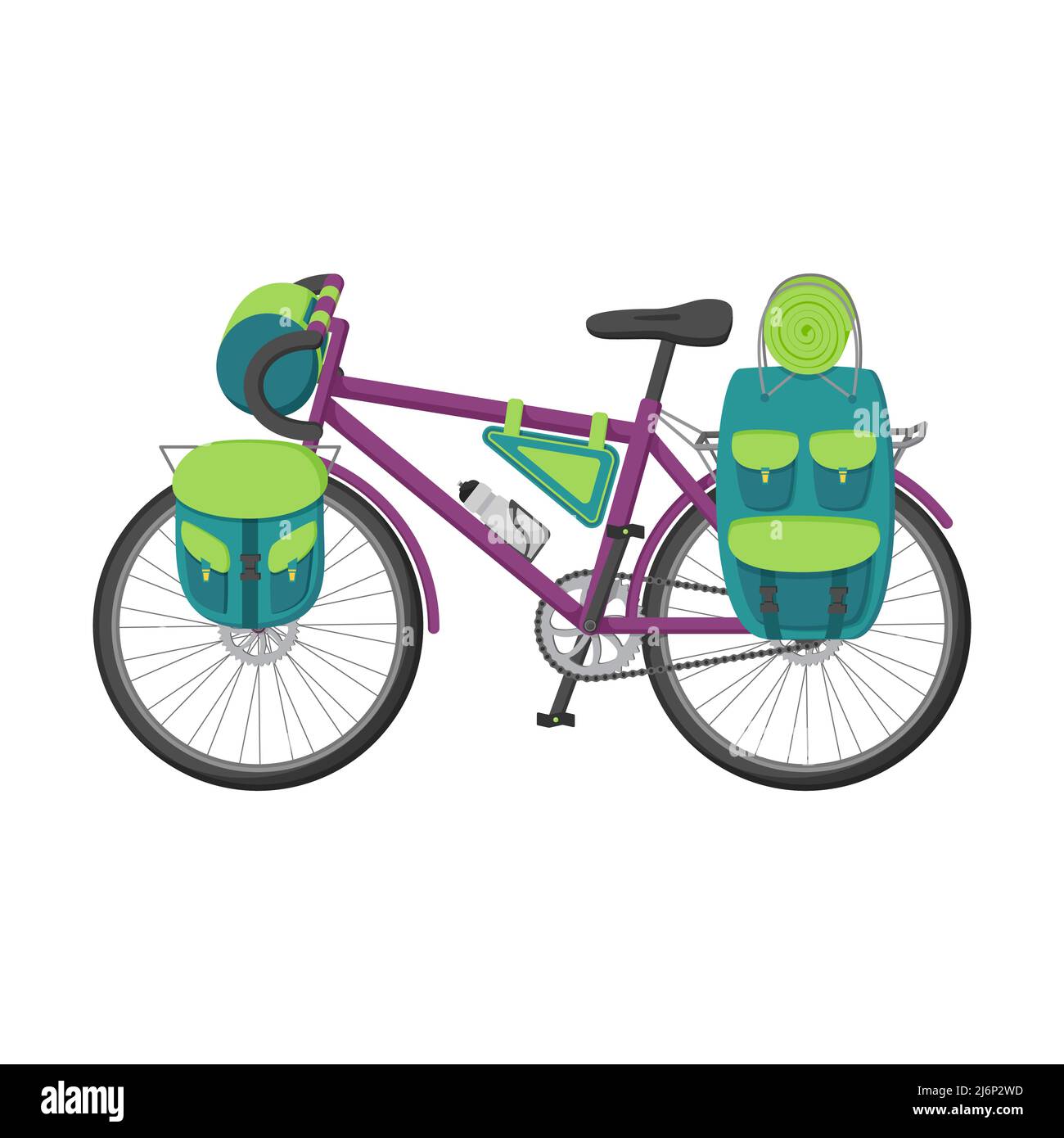 Le vélo est équipé pour les randonnées pédestres, les voyages et les randonnées à vélo. Illustration vectorielle plate d'une moto avec des sacs à dos sur le coffre et le volant. Conce Illustration de Vecteur