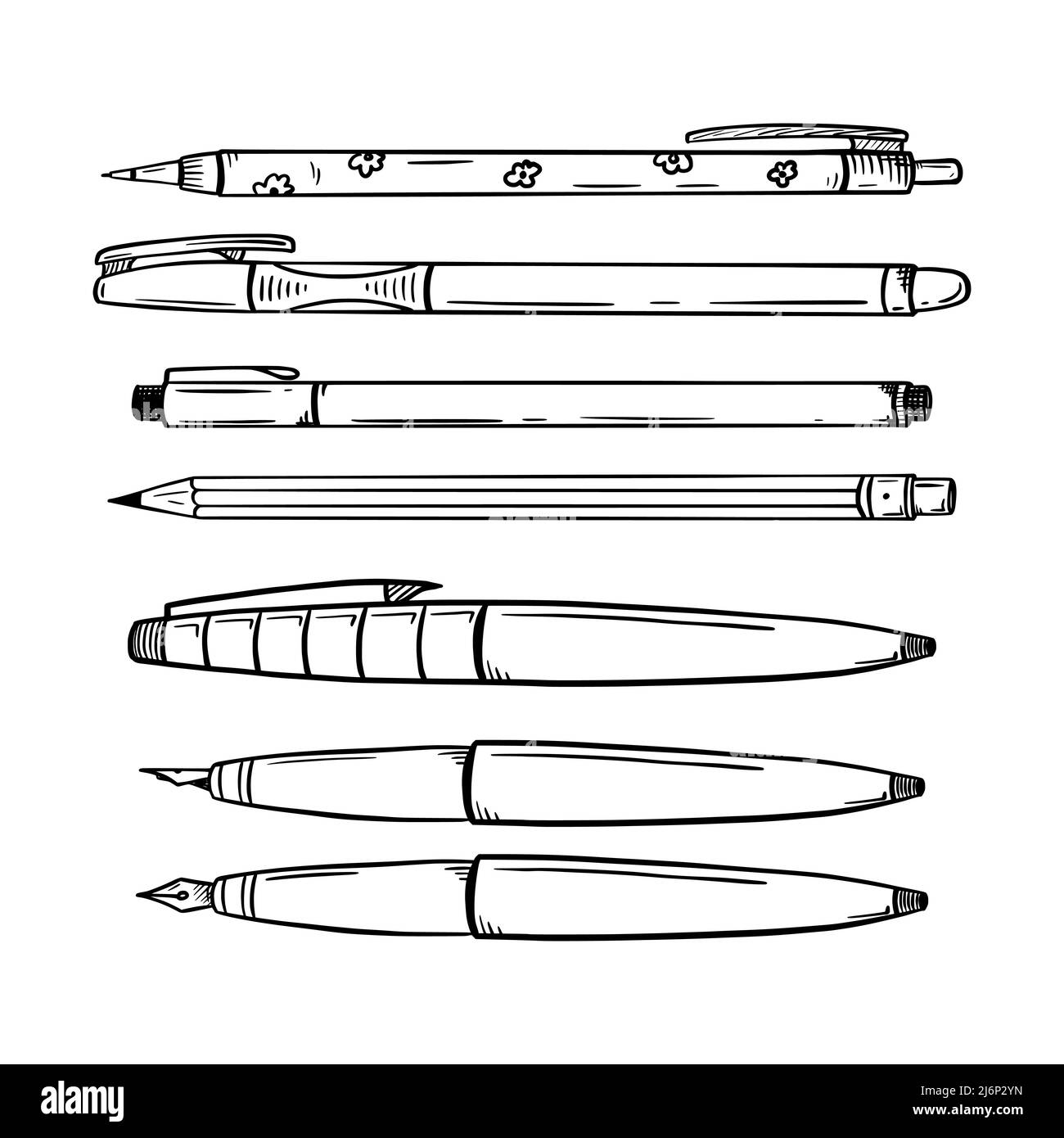 Jeu de stylos, crayons automatiques et ordinaires, stylo de calligraphie.papeterie pour l'écriture et le dessin. Fournitures scolaires. Vecteur noir et blanc. Style d'esquisse, Illustration de Vecteur
