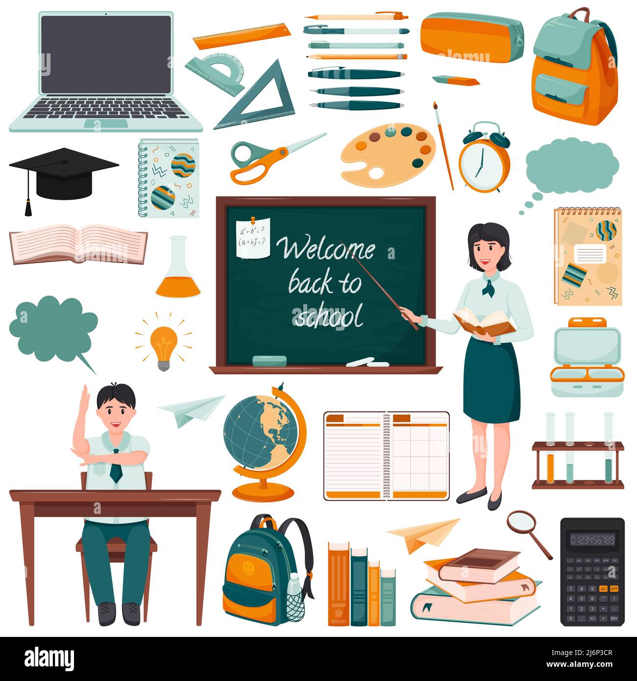 Un ensemble d'éléments pour le design sur le thème de la rentrée scolaire. Articles de papeterie et articles pour étudiants. Education, Study.Ensemble d'objets plats isolés Illustration de Vecteur