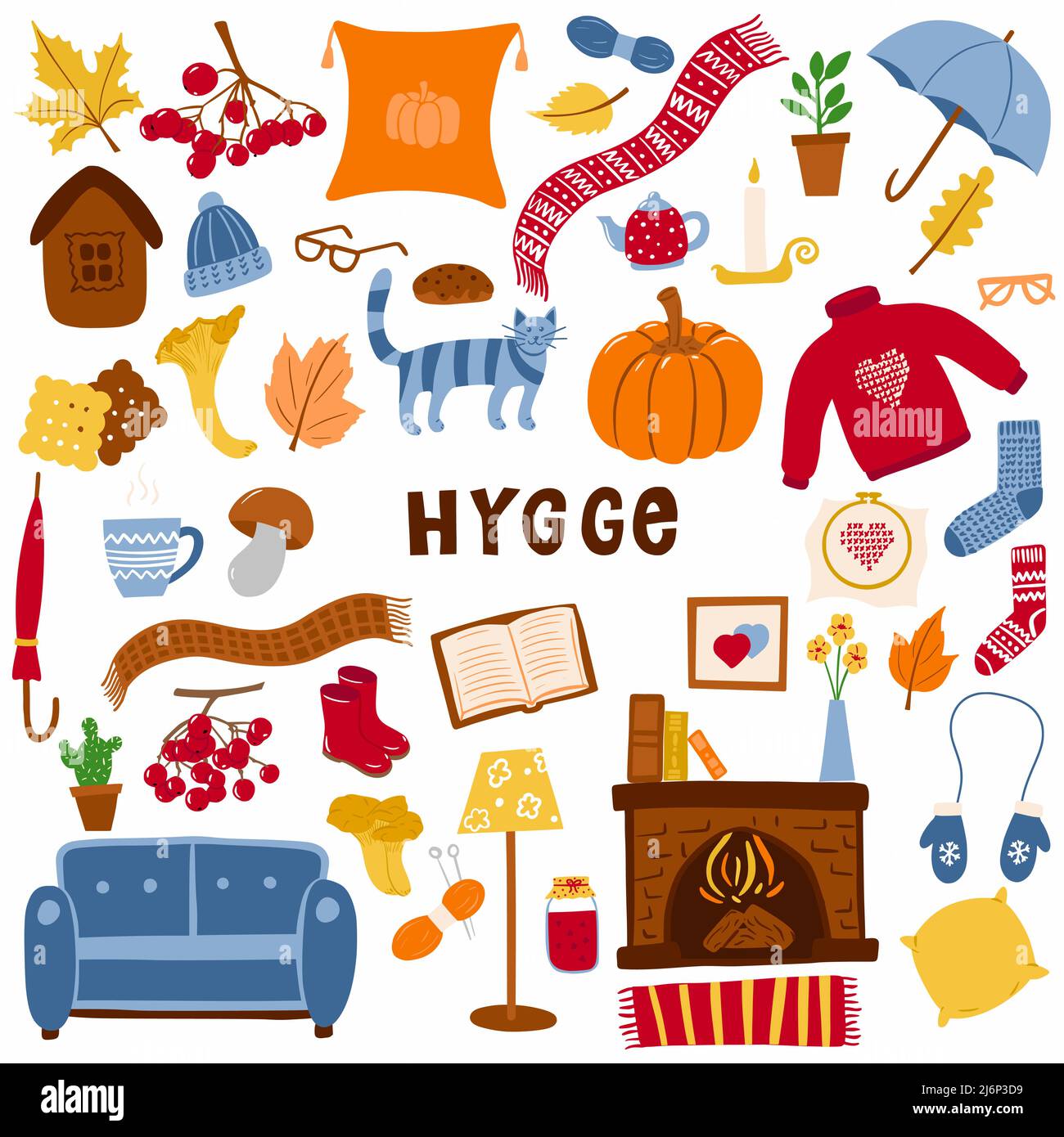Un ensemble d'éléments sur le thème de Hygge, l'automne et une maison confortable. Ensemble d'éléments de conception dessinés à la main, isolés sur un fond blanc. Vecteur de couleur Illustration de Vecteur
