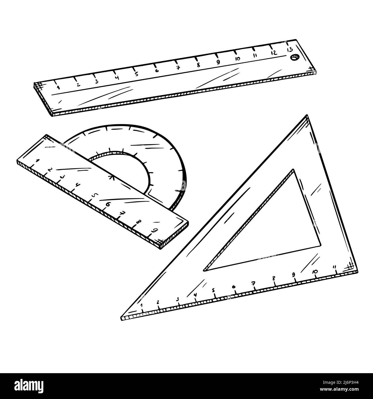 Un ensemble de lignes scolaires. Règle, coin et rapporteur. Fournitures de bureau pour les travaux de dessin. Fournitures scolaires. Vecteur noir et blanc. Style d'esquisse, dépouille. Illustration de Vecteur