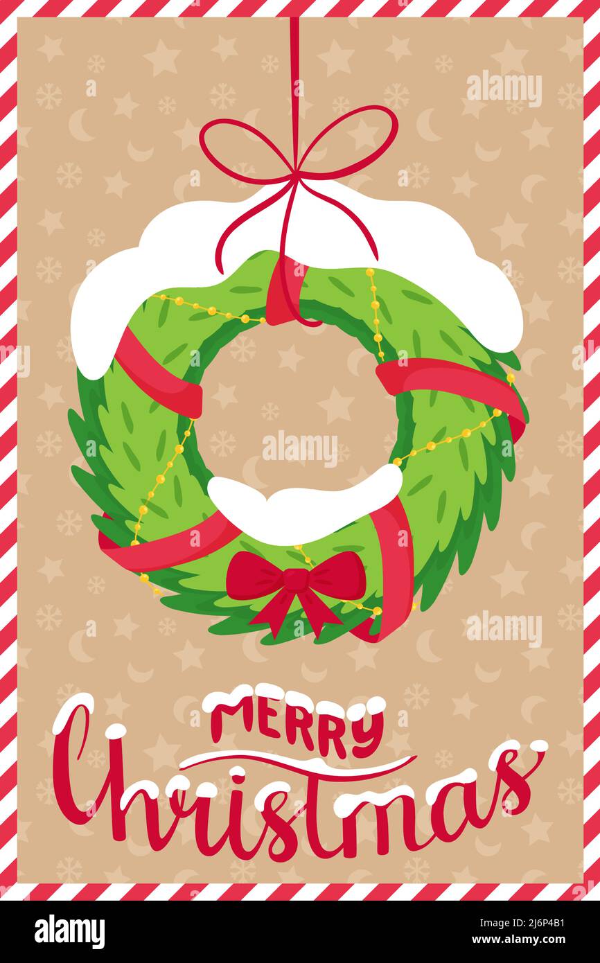 Le concept d'une nouvelle année, carte de vœux de Noël avec les mots Joyeux Noël. Couronne d'épicéa avec rubans, noeuds et neige.carte de vœux verticale te Illustration de Vecteur