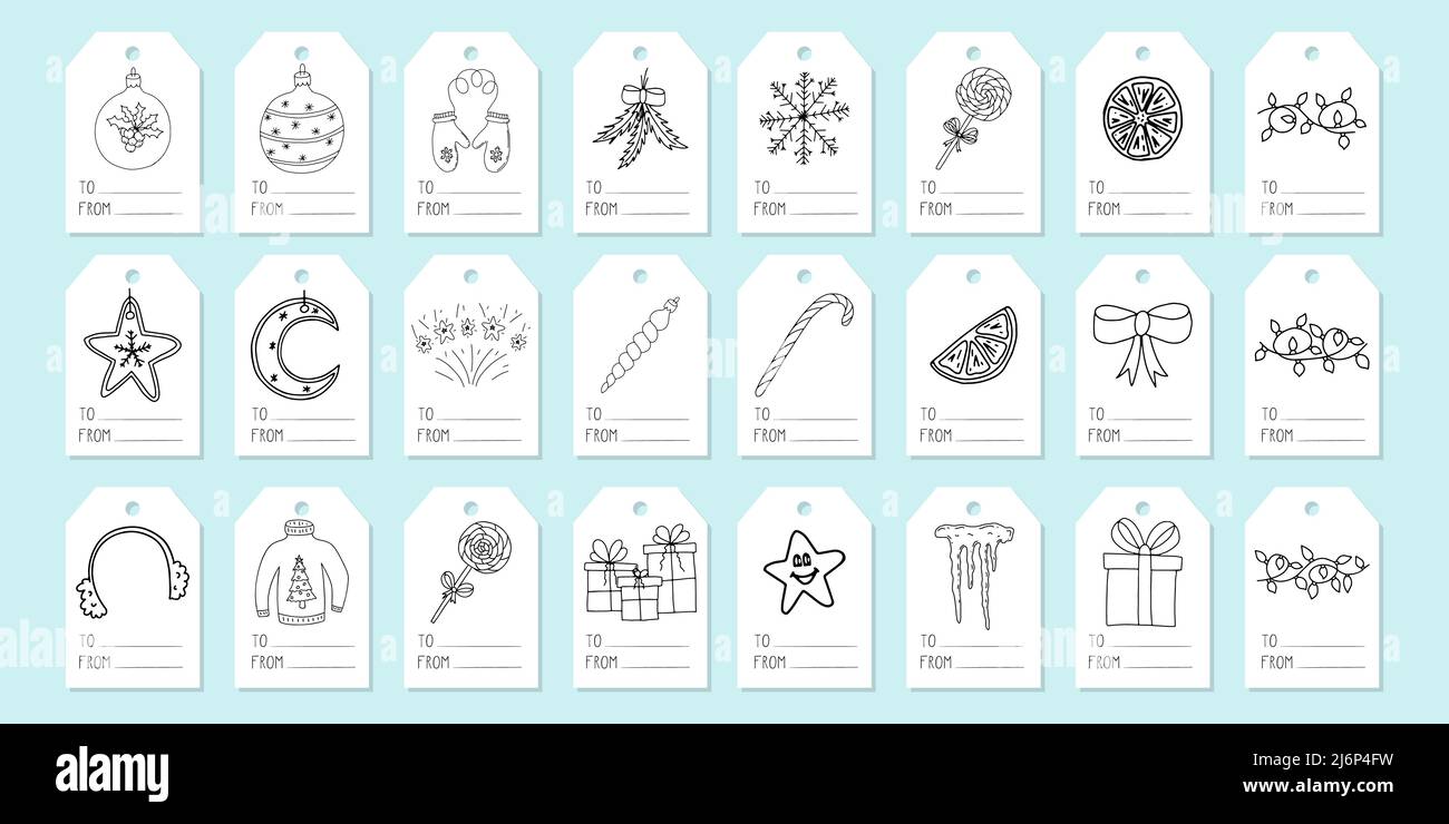 Grand jeu d'étiquettes pour boîtes-cadeaux. Une collection d'étiquettes avec des éléments de Noël et d'hiver dessinés à la main dans le style Doodle. Illustration de vecteur noir et blanc Illustration de Vecteur