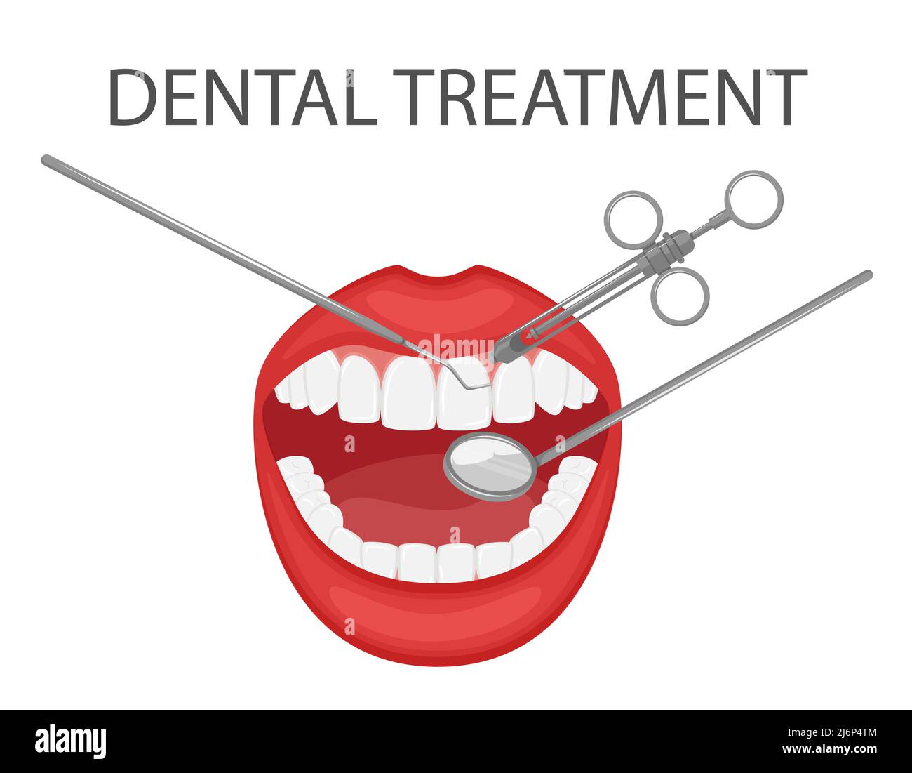Examen dentaire et traitement des dents avec un miroir et des outils. Rendez-vous dentaire professionnel préventif. Une bouche ouverte avec des dents blanches. Dentaire Illustration de Vecteur