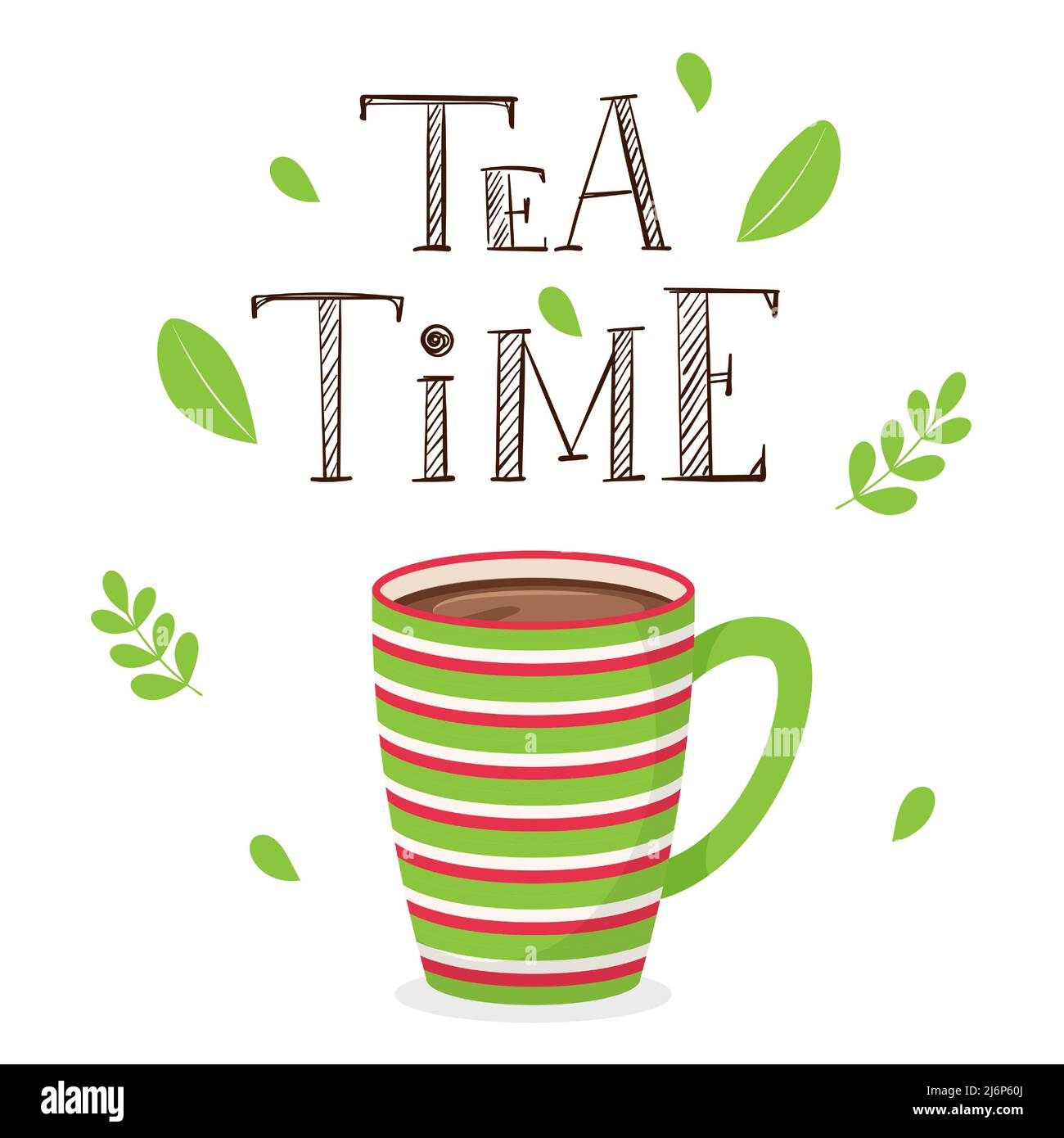 Une tasse de thé. Tasse à rayures au cacao ou au café. Inscription manuscrite temps de thé. Lettrage à la main. Illustration à vecteur de couleur dans un style plat avec plante Illustration de Vecteur