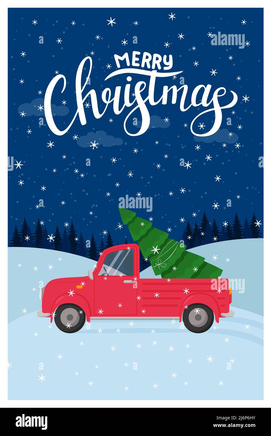 Modèle pour une nouvelle année, carte de vœux de Noël avec inscription manuscrite Joyeux Noël. Camion avec un arbre de Noël sur fond de neige Illustration de Vecteur