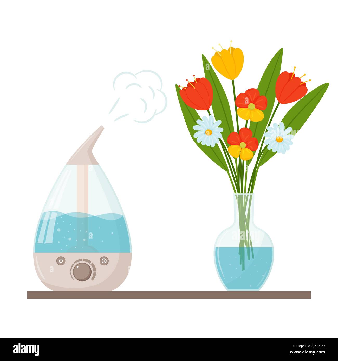 Un humidificateur et un bouquet de fleurs dans un vase en verre transparent avec de l'eau. Le concept d'utilisation d'un diffuseur de brouillard ultrasonique pour l'entretien des plantes. Vecteur plat i Illustration de Vecteur