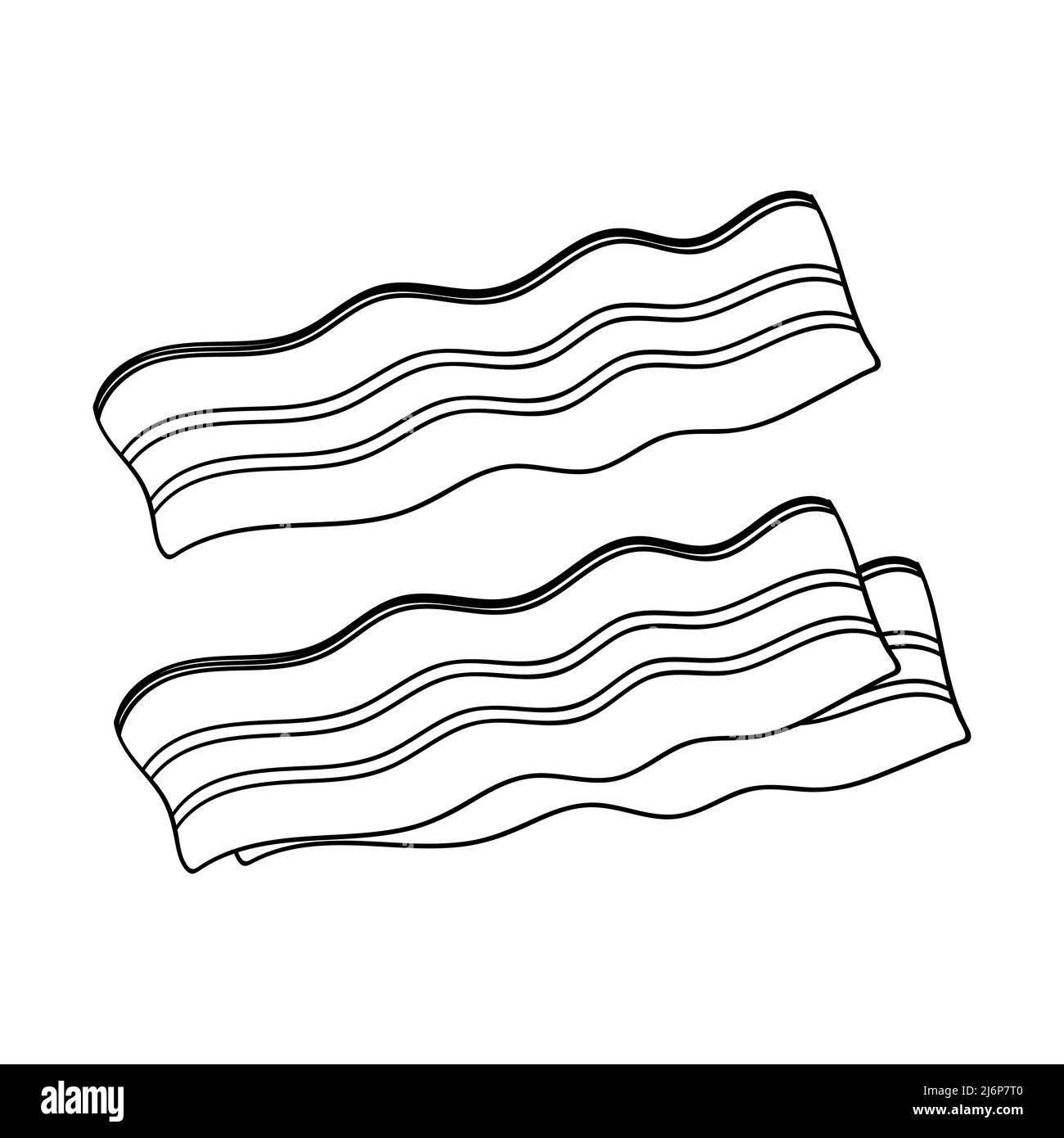 Tranches de bacon. Dessin de contour de l'illustration alimentaire en forme de doodle, dessiné à la main, isolé sur un fond blanc. Vecteur noir et blanc Illustration de Vecteur