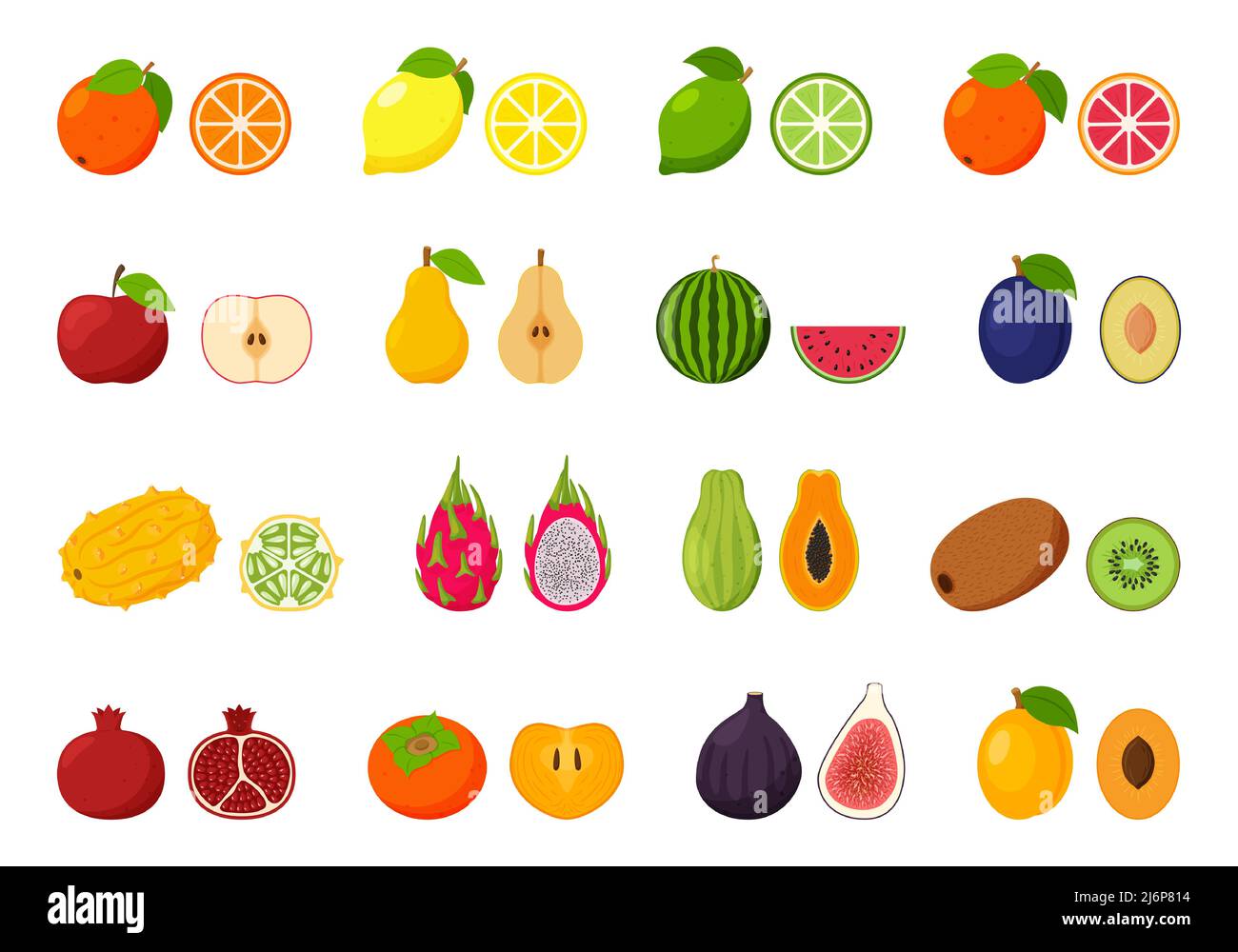 Grande collection de fruits tropicaux, exotiques, agrumes. Ensemble d'icônes de fruits en coupe. Paires de fruits, entières et coupées en deux. Illustration vectorielle plate. Desi Illustration de Vecteur