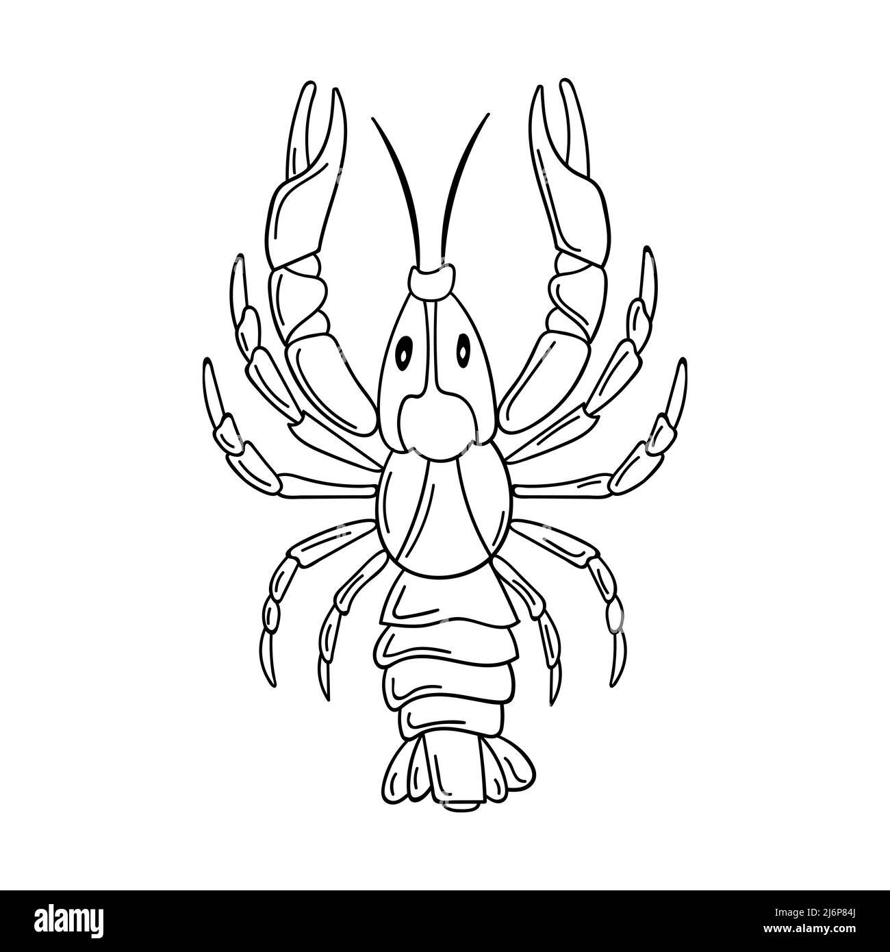 Un écrevisse sauvage avec des pincettes. Fruits de mer, un arthropode d'eau douce. Dessin de contour de l'illustration alimentaire en forme de doodle, dessiné à la main, isolé sur un W Illustration de Vecteur