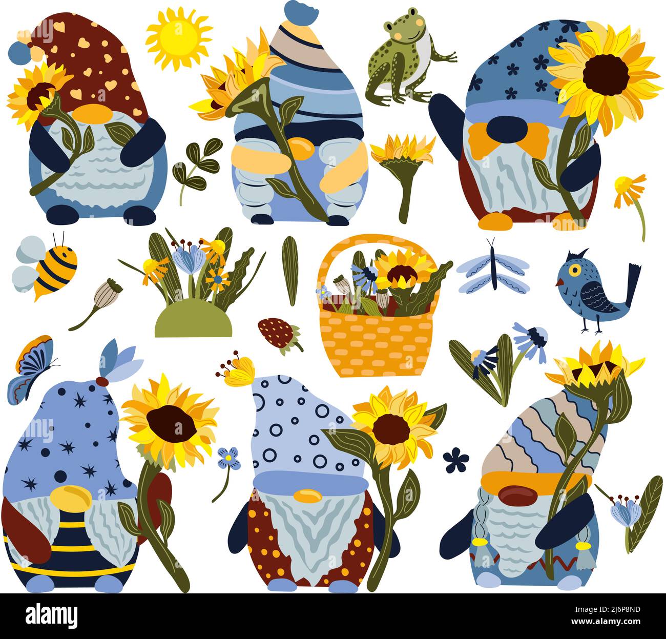 Ensemble de gnomes de dessin animé tenant un tournesol sur fond blanc. Bouquets fleurs sauvages en panier, tournesols lumineux, insecte, oiseau. Illustration vectorielle. Illustration de Vecteur