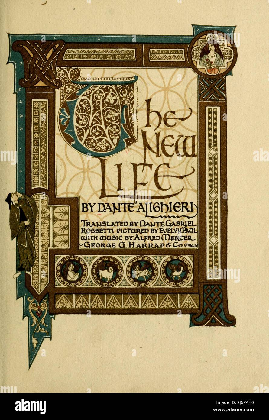 La nouvelle vie de Dante Alighieri; par Dante Alighieri, 1265-1321; traduit en anglais par Dante Gabriel Rossetti, 1828-1882; et illustré par Evelyn Paul, Date de publication 1915 Editeur Coventry George G. Harrap. La Vita Nuova (The New Life) ou Vita Nova (titre latin) est un texte de Dante Alighieri publié en 1294. C'est une expression du genre médiéval de l'amour courtois dans un style prosimetrum, une combinaison de prose et de verset. Banque D'Images