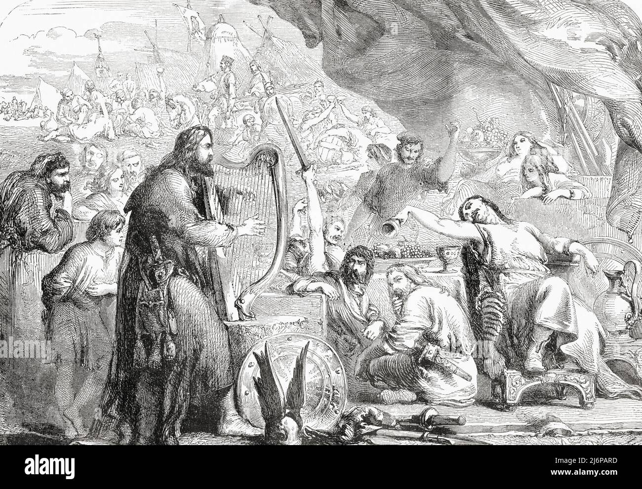 Alfred le Grand dans un déguisement comme un minstrel joue sa harpe dans le camp de Danes pour découvrir leurs plans d'attaquer. Ici, il joue à leur chef Guthrum qui ne s'est pas rendu compte que c'était le roi qu'il était venu à la défaite. Alfred le Grand, alias Ælfred 848/849 – 899. Roi des Saxons de l'Ouest, 871 - c. 886, roi des Anglo-Saxons, c. 886 - 899. De l'Univers illustrae, publié Paris, 1859 Banque D'Images