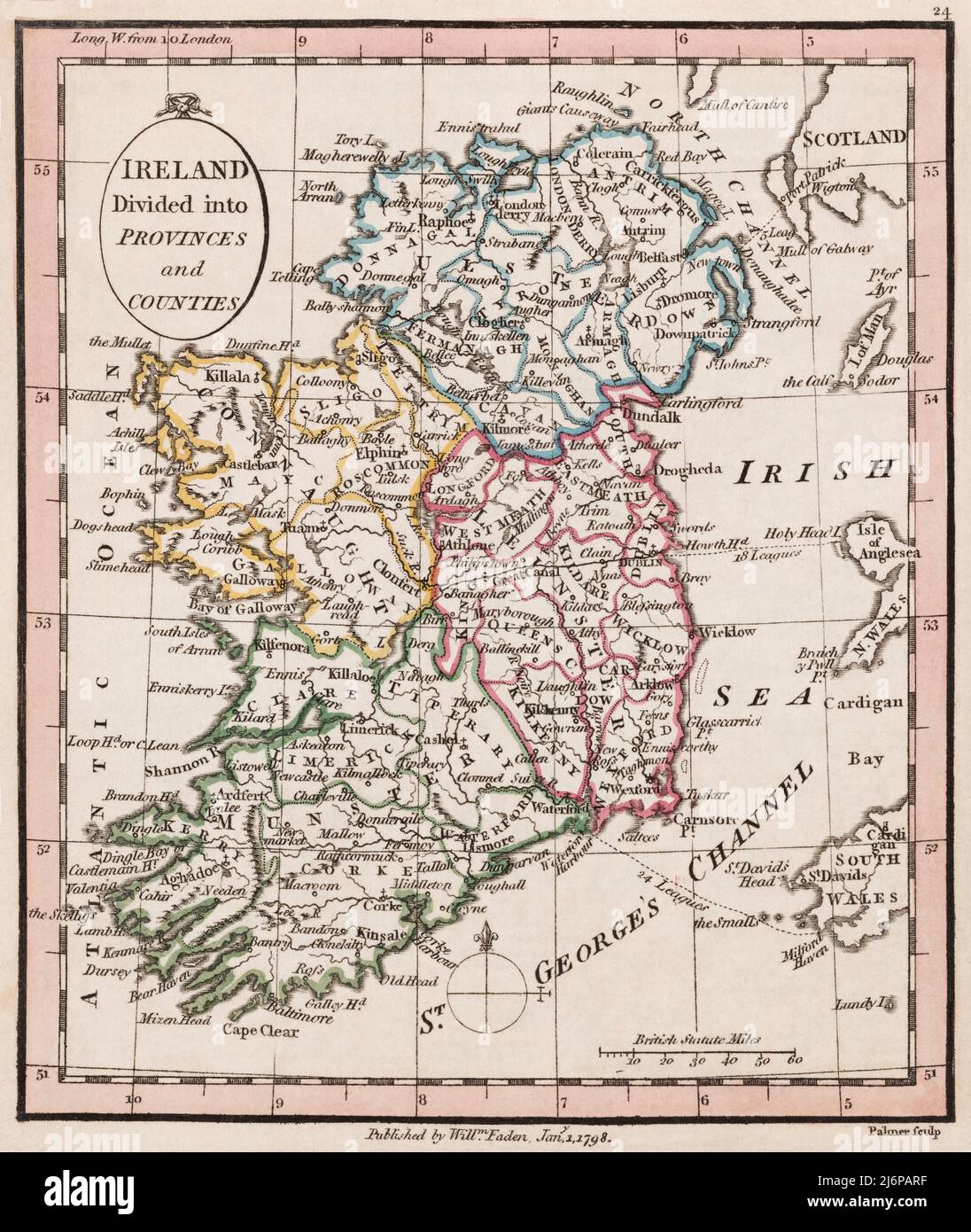 L'Irlande est divisée en provinces et comtés. 1798 carte du cartographe William Faden, gravé par William Palmer. Faden était le géographe royal du roi George III Cette carte provient de son Atlas minimus universalis qui a été conçu principalement pour une utilisation dans les écoles. Banque D'Images