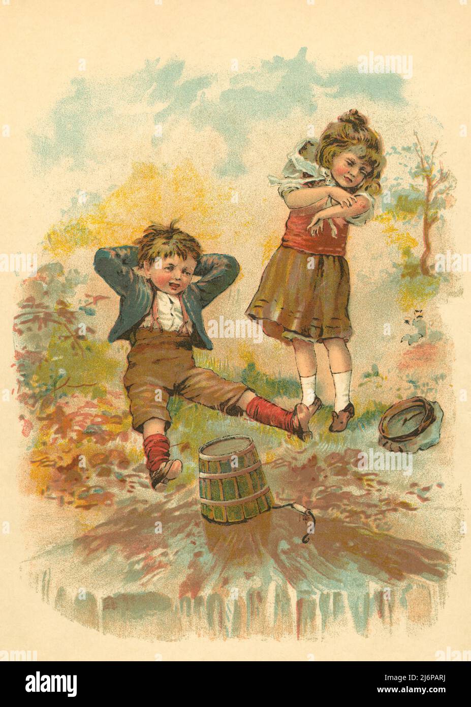 Cric et Jill. Après une œuvre d'un artiste sans identité dans un livre de comptine pour enfants du 19th siècle. Jack et Jill monta la colline, Jack tomba et brisa sa couronne... Banque D'Images