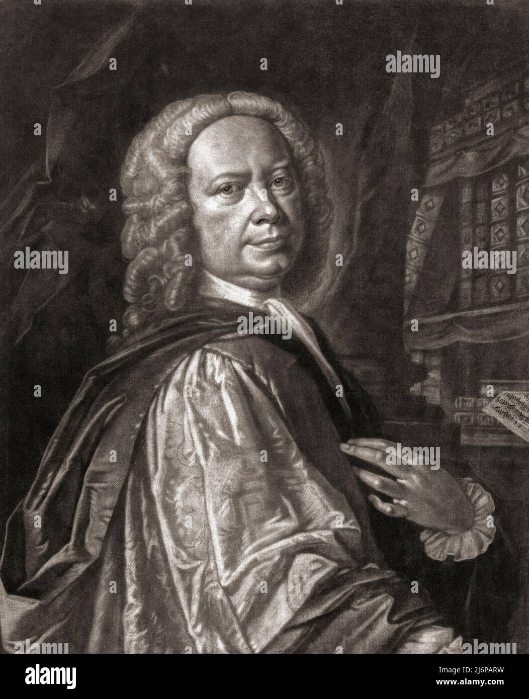 Johann Christoph Pepusch, 1667 - 1752, alias John Christopher Pepusch et Dr Pepusch. Musicien, compositeur, théoricien de la musique et professeur d'origine allemande. Il a passé la plus grande partie de sa vie en Angleterre. Après une gravure d'Alexander van Haecken à partir d'une peinture de Thomas Hudson. Banque D'Images