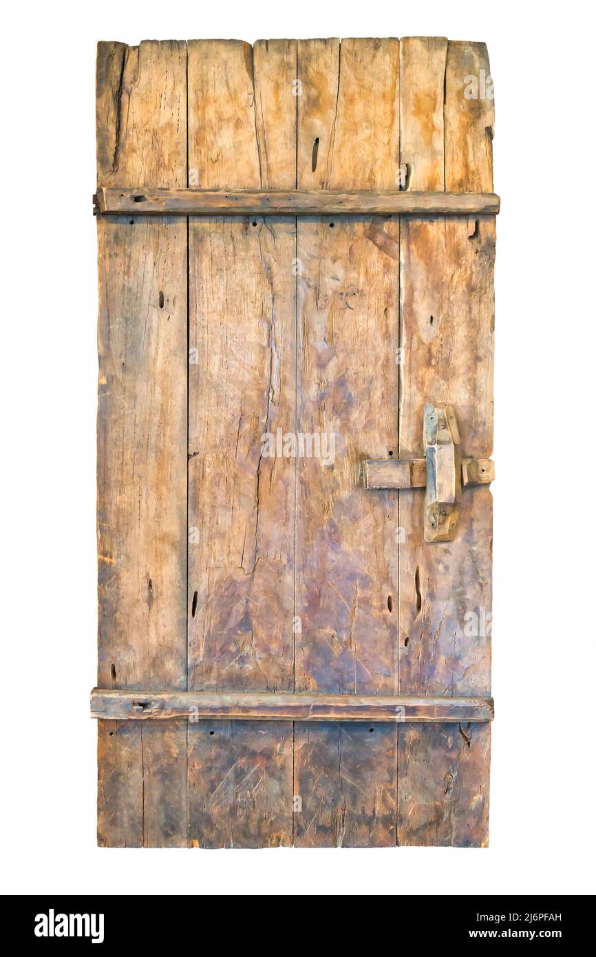Ancienne porte en bois abîmé et abîmé, isolée sur fond blanc Banque D'Images