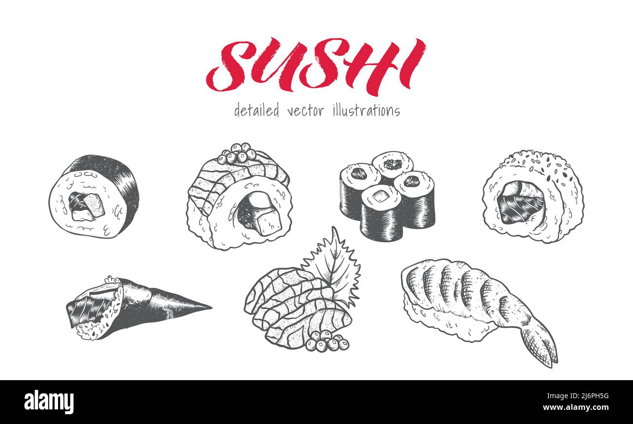 Magnifique sushi dessiné à la main, motif croquis, éléments de caniche, idéal pour les textiles, bannières, fonds d'écran, menus, arrière-plan - conception vectorielle Illustration de Vecteur