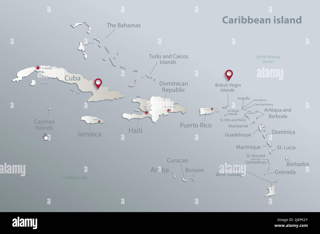Carte des îles des Caraïbes, île avec noms, carte bleue blanche papier 3D vecteur Illustration de Vecteur