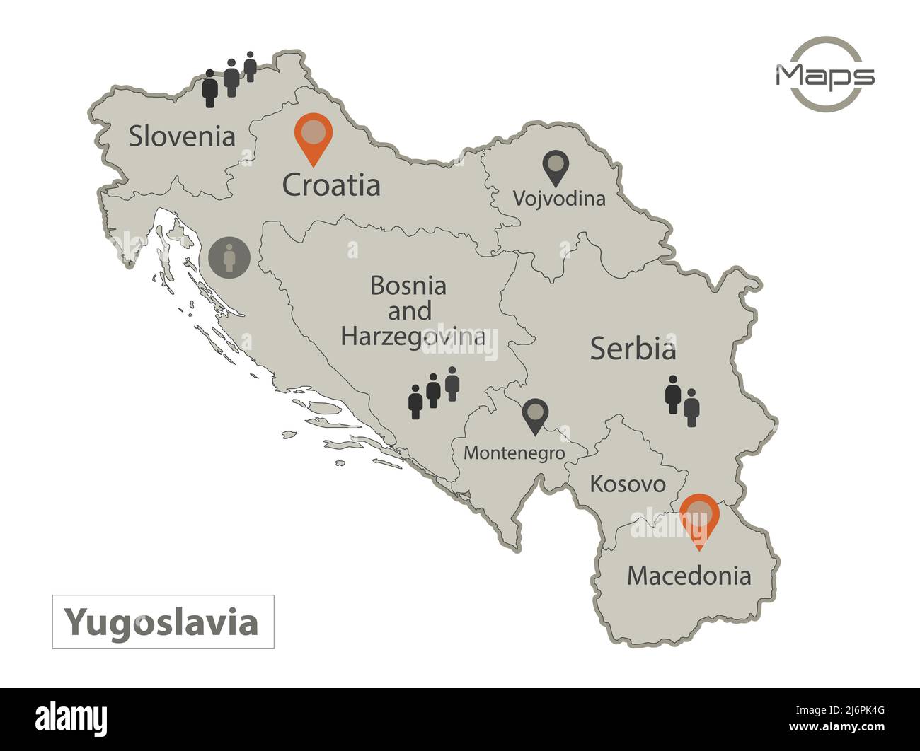 Carte de Yougoslavie, régions individuelles avec noms, infographies et vecteur d'icônes Illustration de Vecteur
