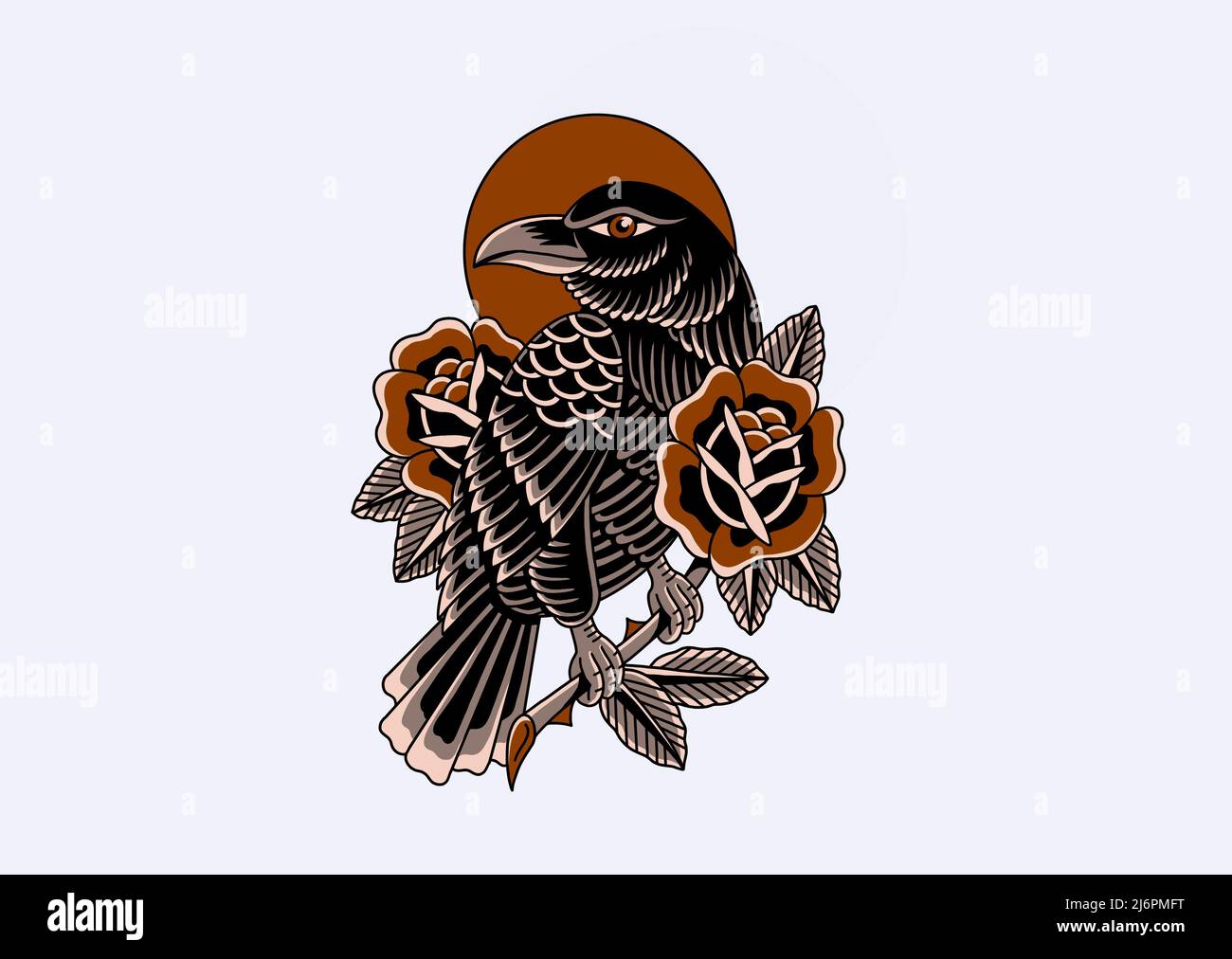 Vieille école tatouage graphique design corbeau et roses Banque D'Images